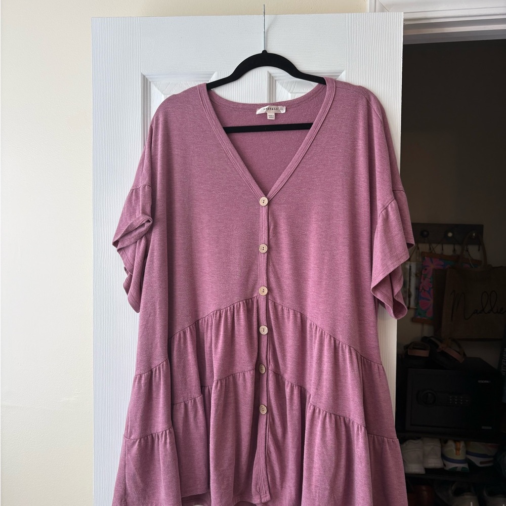 Emerald Mauve Button-Front Tiered Tunic